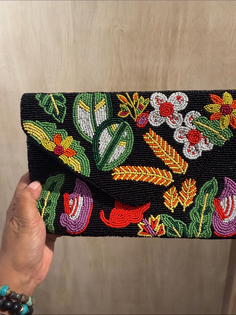 Aratta Black Beaded Floral Envelope Clutch with Multicolor Embroidery